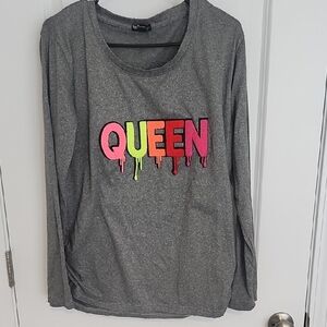 Gray Long Sleeve Shirt with Colorful QUEEN Graphic